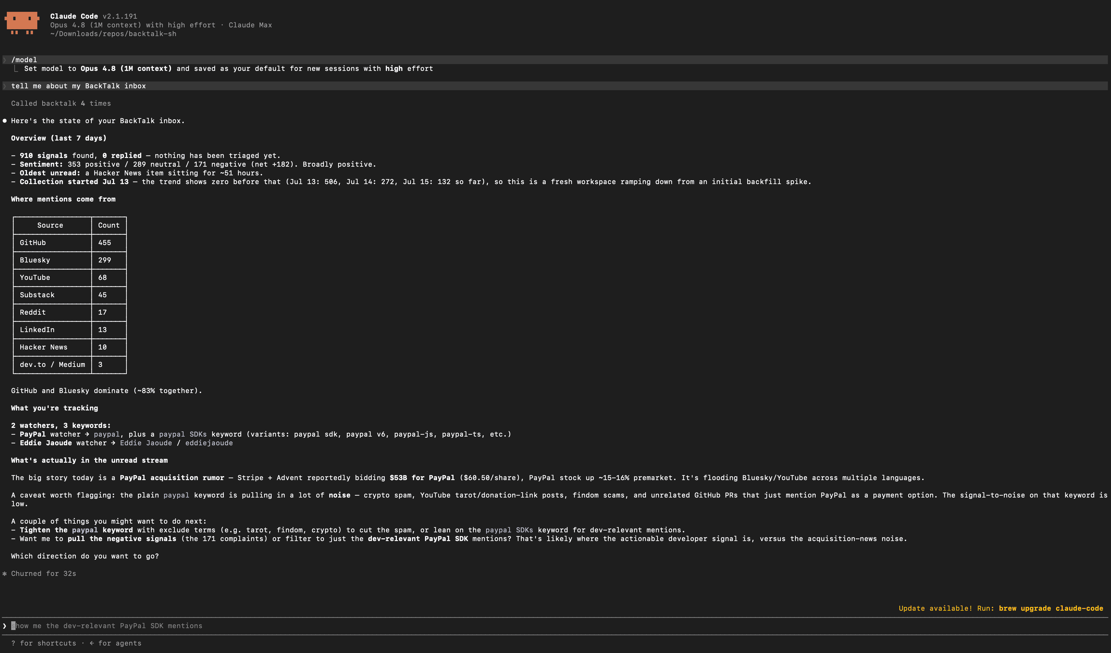 Claude Code using the BackTalk MCP server to report which sources developers mentioned, the tracked keywords, and what developers complained about today