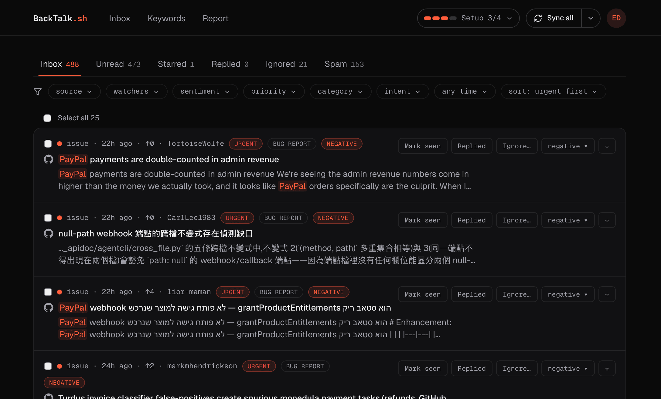 BackTalk.sh triage inbox with needs-attention mentions grouped on top