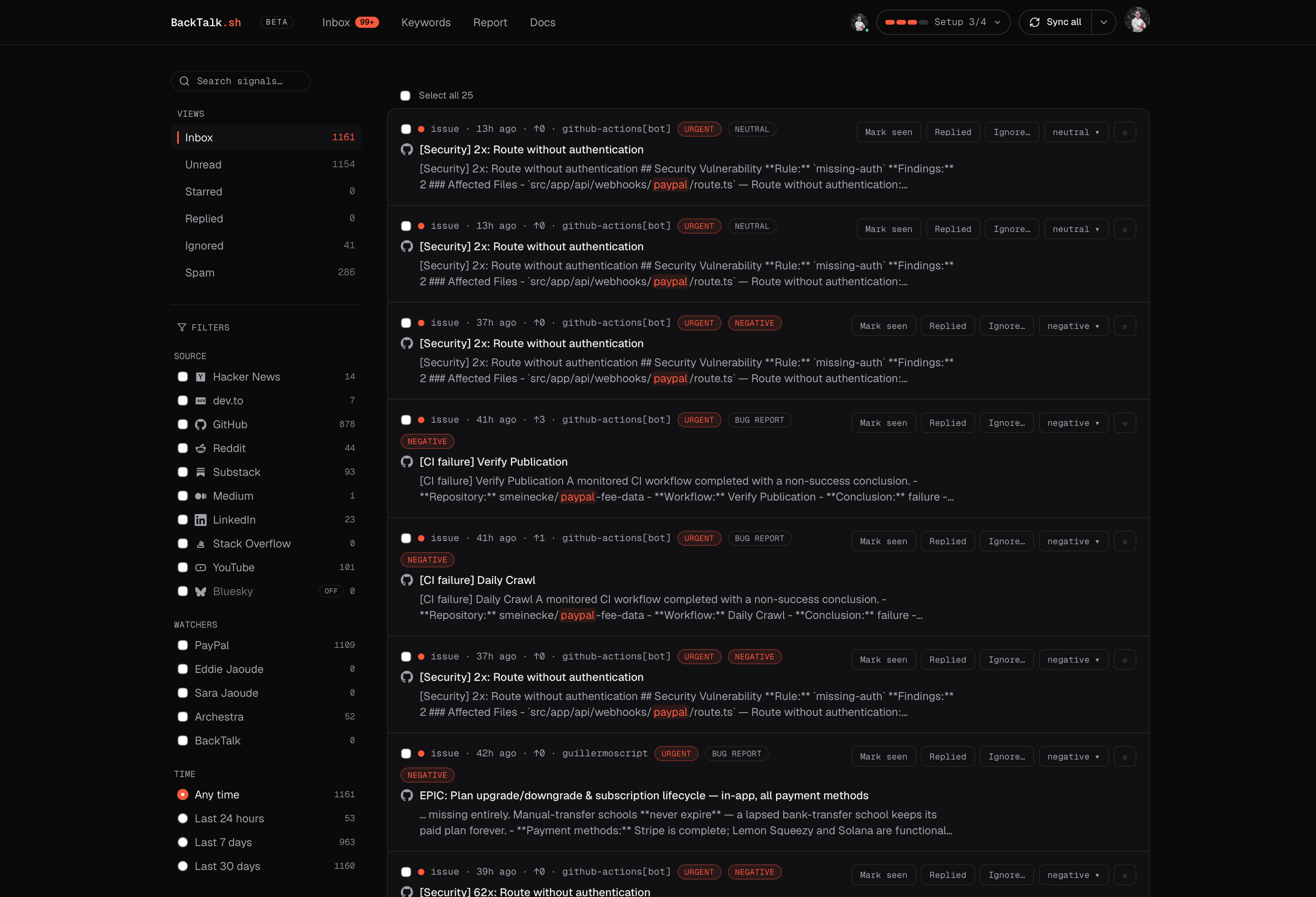 BackTalk.sh triage inbox with needs-attention mentions grouped on top